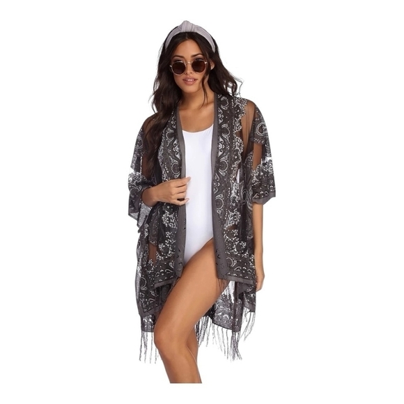 Women’s Swim Cover Up Top Burnout Kimono Sheer Fringe Open Front Duster Tunic - Picture 2 of 8